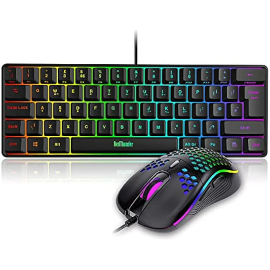 Jolof Store Keyboard & Mouse Combos RedThunder 60% RGB Gaming Keyboard and Mouse Combo, UK Layout Ultra Compact Backlit Mini Keyboard, Lightweight 7200 DPI Cellular Optical Mouse, Portable Wired Gaming Set for PC PS5 Xbox Gamers (Black)