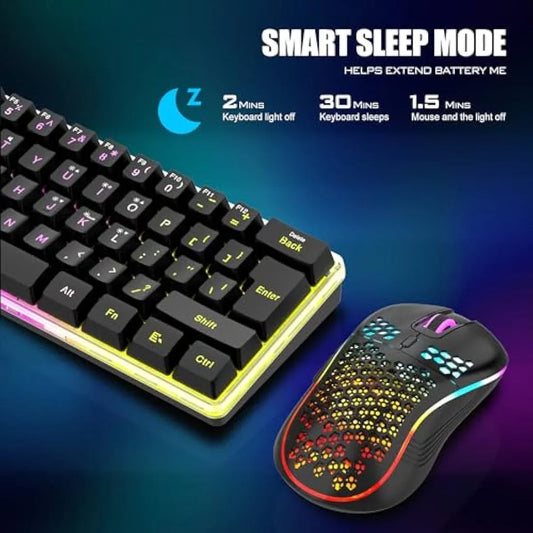 Jolof Store Keyboard & Mouse Combos RedThunder K62 Wireless 60% RGB Gaming Keyboard and Mouse Combo, UK Layout 62 Keys Ultra Compact Backlit Mini Keyboard, Lightweight Cellular Optical Mouse, Portable Set for PC PS5 Xbox Gamers (Black)