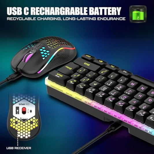 Jolof Store Keyboard & Mouse Combos RedThunder K62 Wireless 60% RGB Gaming Keyboard and Mouse Combo, UK Layout 62 Keys Ultra Compact Backlit Mini Keyboard, Lightweight Cellular Optical Mouse, Portable Set for PC PS5 Xbox Gamers (Black)