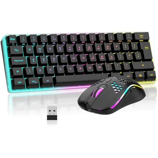 Jolof Store Keyboard & Mouse Combos RedThunder K62 Wireless 60% RGB Gaming Keyboard and Mouse Combo, UK Layout 62 Keys Ultra Compact Backlit Mini Keyboard, Lightweight Cellular Optical Mouse, Portable Set for PC PS5 Xbox Gamers (Black)