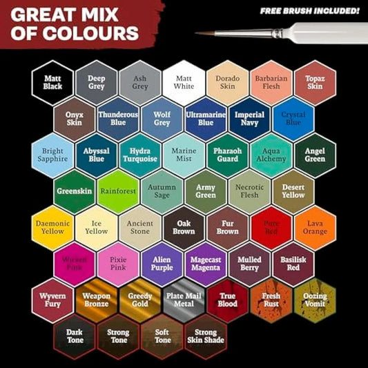 Jolof Store Paints The Army Painter, Warpaints Fanatic Mega Set Combo, 50 x 18 ml Acrylic Paints incl. Skin Tones, Metallics, Effects, Washes, 1 Free Paint Station & 2 Brushes - Model Paint for Warhammer & Dnd