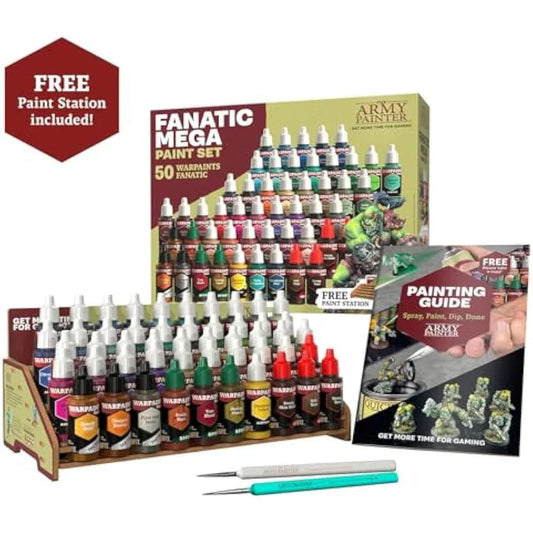 Jolof Store Paints The Army Painter, Warpaints Fanatic Mega Set Combo, 50 x 18 ml Acrylic Paints incl. Skin Tones, Metallics, Effects, Washes, 1 Free Paint Station & 2 Brushes - Model Paint for Warhammer & Dnd