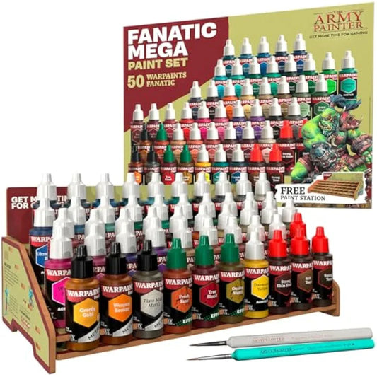 Jolof Store Paints The Army Painter, Warpaints Fanatic Mega Set Combo, 50 x 18 ml Acrylic Paints incl. Skin Tones, Metallics, Effects, Washes, 1 Free Paint Station & 2 Brushes - Model Paint for Warhammer & Dnd