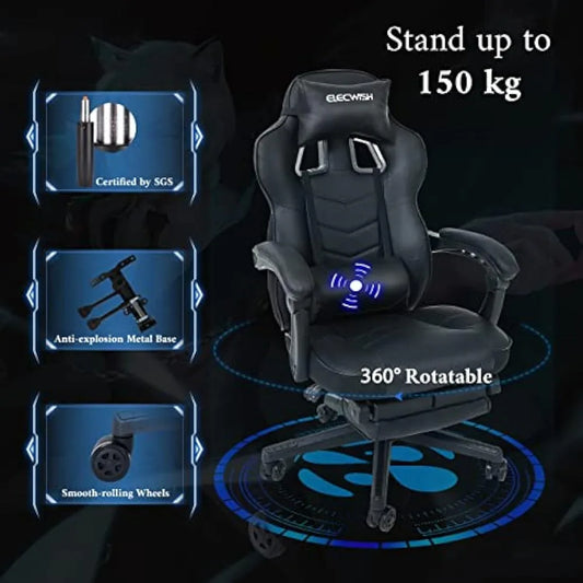 Jolof Store Video Game Chairs Fullwatt Racing Gaming Chair for adults with Footrest and Massage Lumbar Pillow, Swivel Height Adjustable Reclining PU Leather Video Game Chair, E-Sports Gaming Chair Big and Tall(Black)