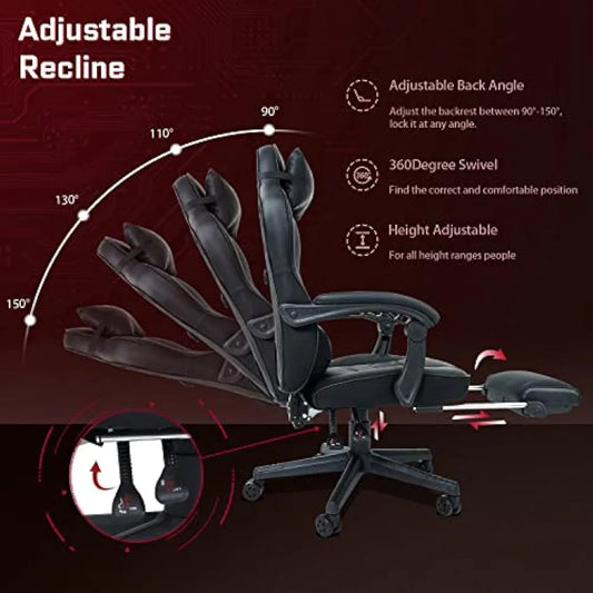 Jolof Store Video Game Chairs Fullwatt Racing Gaming Chair for adults with Footrest and Massage Lumbar Pillow, Swivel Height Adjustable Reclining PU Leather Video Game Chair, E-Sports Gaming Chair Big and Tall(Black)
