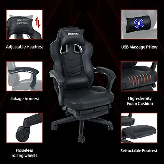 Jolof Store Video Game Chairs Fullwatt Racing Gaming Chair for adults with Footrest and Massage Lumbar Pillow, Swivel Height Adjustable Reclining PU Leather Video Game Chair, E-Sports Gaming Chair Big and Tall(Black)