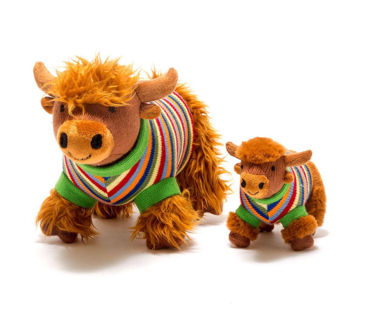 Best Years Ltd Plushie Knitted Highland Cow Baby Rattle with Stripe Jumper