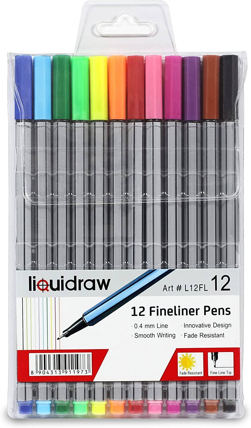Liquidraw 12 Fineliner Colouring Pens Set Fine Point Pens 0.4mm Assorted Colours Fineliners Coloured Pens