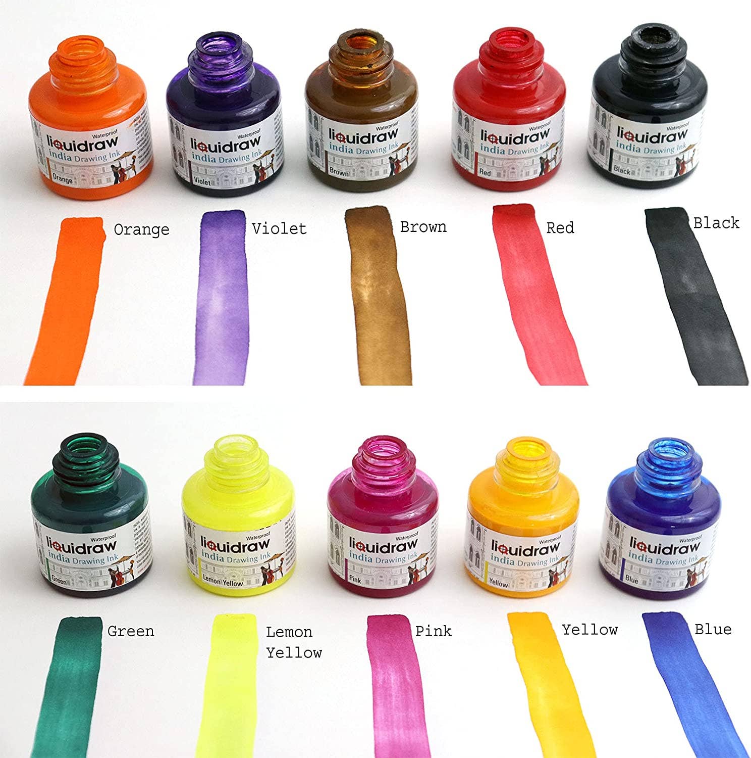 Liquidraw Coloured Drawing Ink Set India Ink Waterproof Set of 10 Assorted Colours 35ml