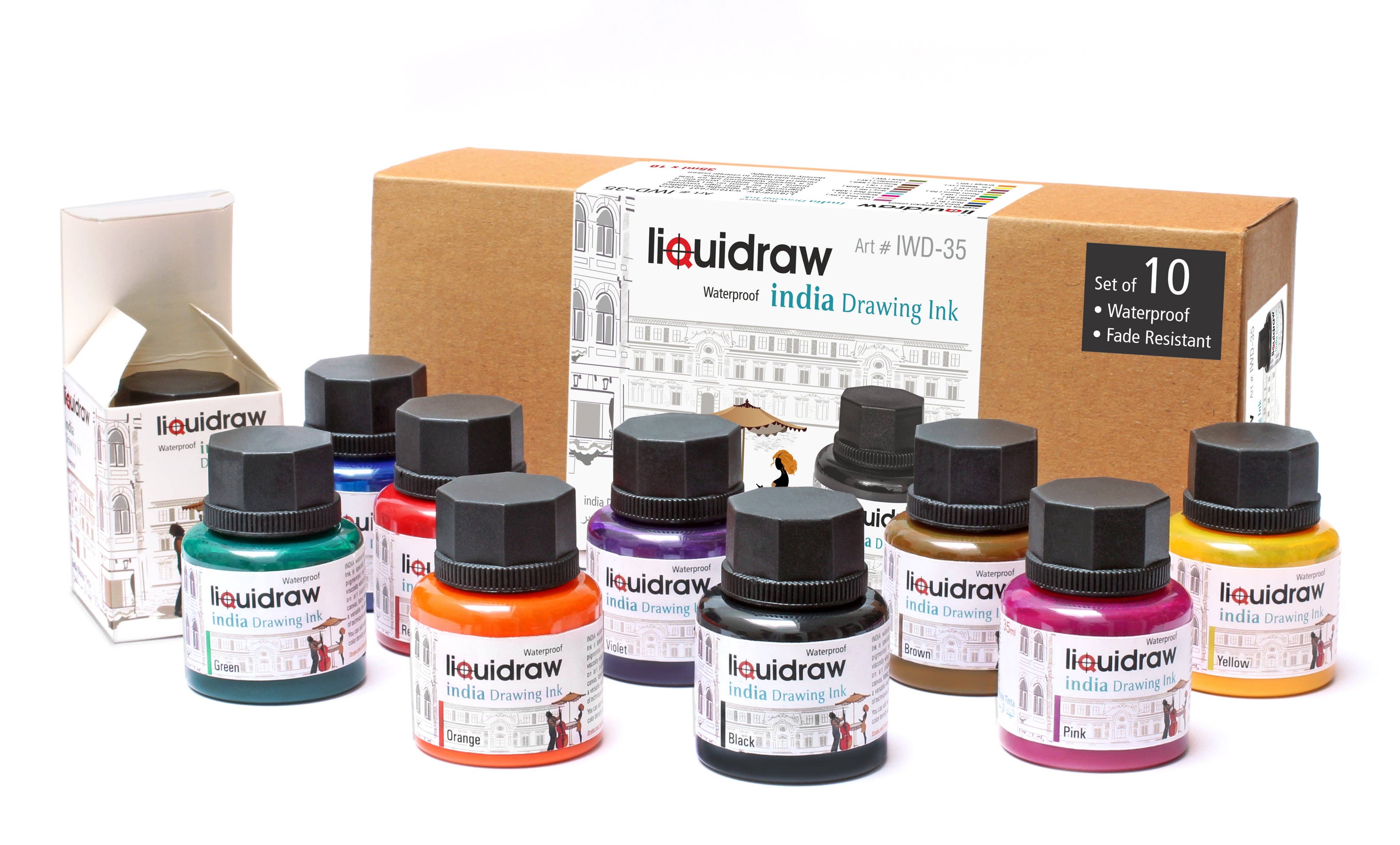 Liquidraw Coloured Drawing Ink Set India Ink Waterproof Set of 10 Assorted Colours 35ml