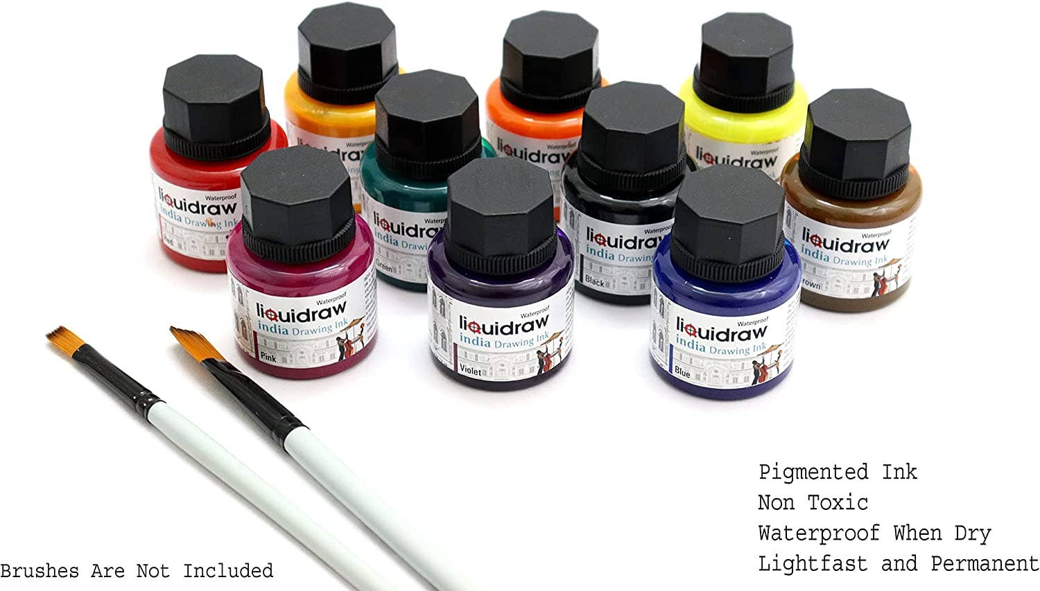 Liquidraw Coloured Drawing Ink Set India Ink Waterproof Set of 10 Assorted Colours 35ml
