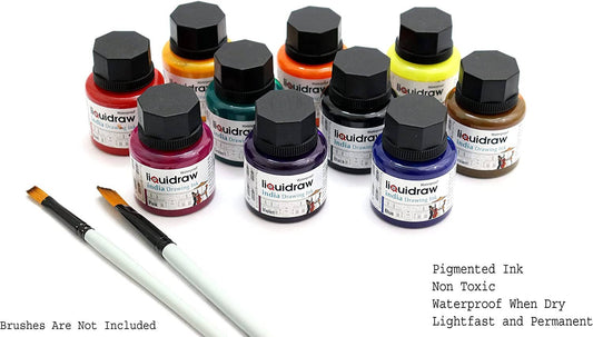 Liquidraw Coloured Drawing Ink Set India Ink, Waterproof, Set of 10 Assorted Colours, 35ml.