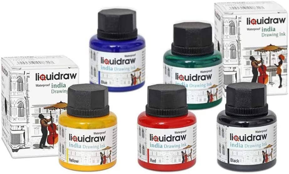 Liquidraw Coloured Drawing Ink Set India Ink Waterproof Set of 5 Assorted Colours 35ml