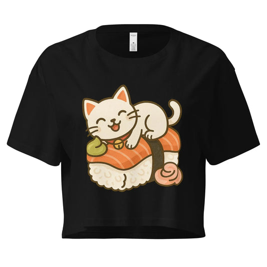 McLaren Tee Hub Crop Tops Black / XS Cute Cat Sushi Crop Top – Kawaii Japanese Food Shirt