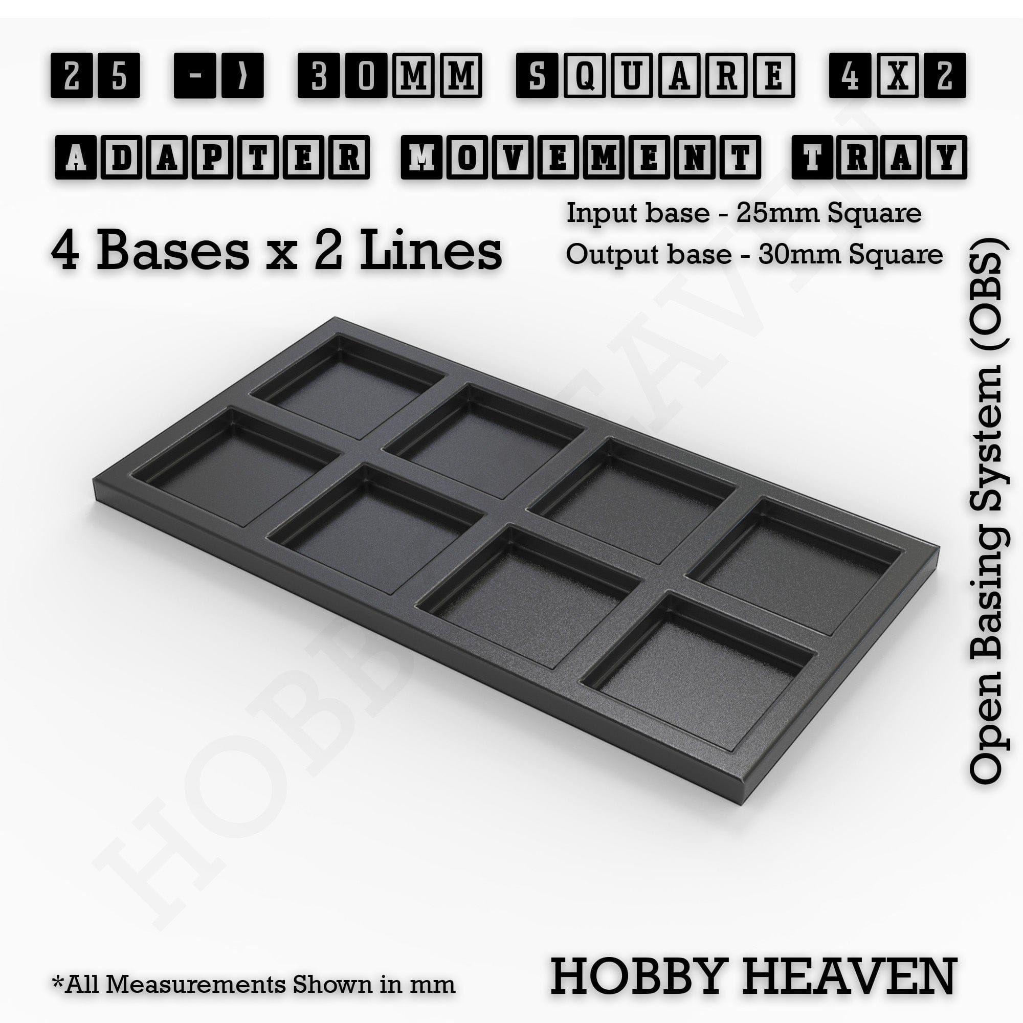 Movement Tray 25 to 30mm Adapter 4x2 (4 bases x 2 Lines) Square and Rectangle Movement Trays Adapters for Tabletop Games