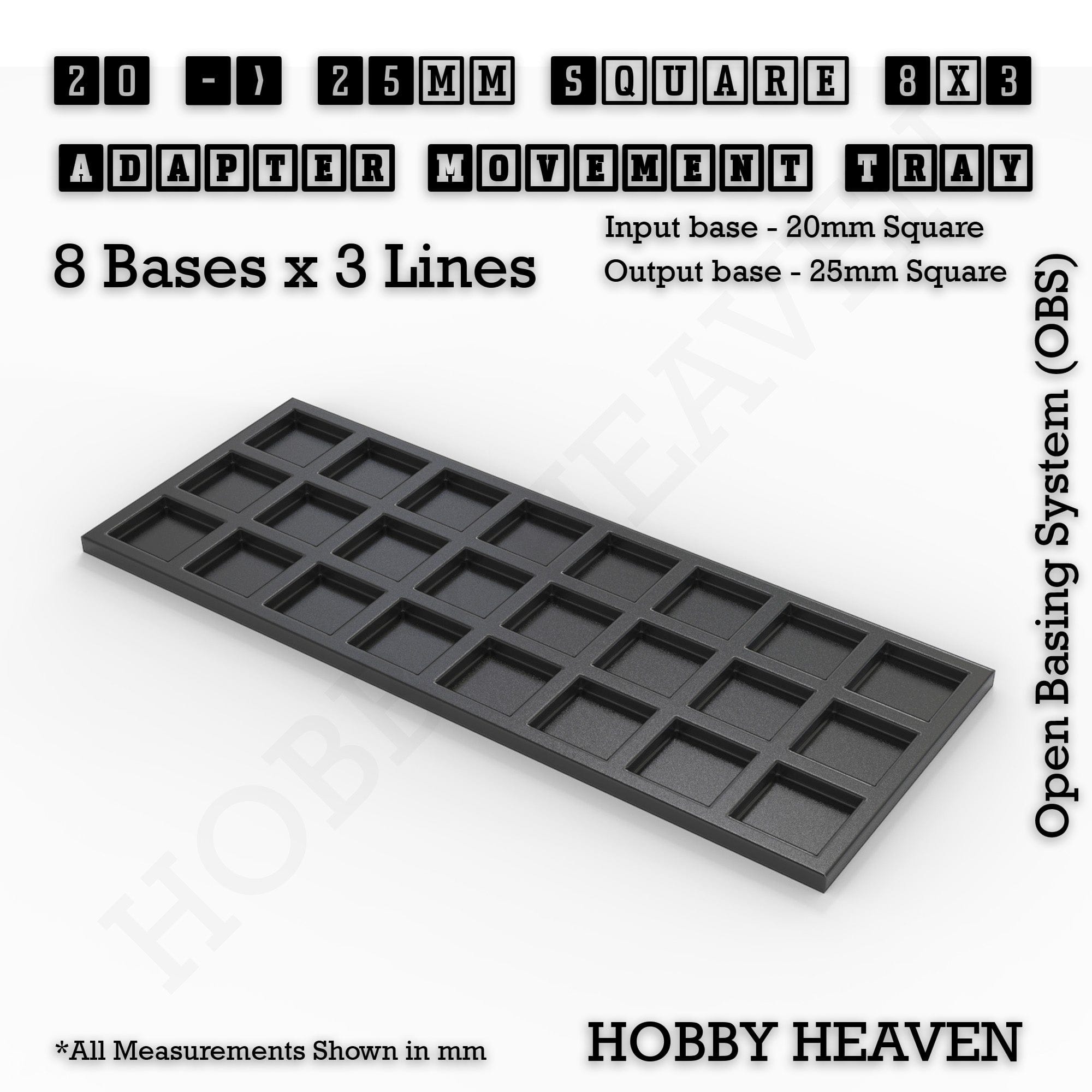 Movement Tray 25 to 30mm Adapter 8x3 (8 bases x 3 Lines) Square and Rectangle Movement Trays Adapters for Tabletop Games