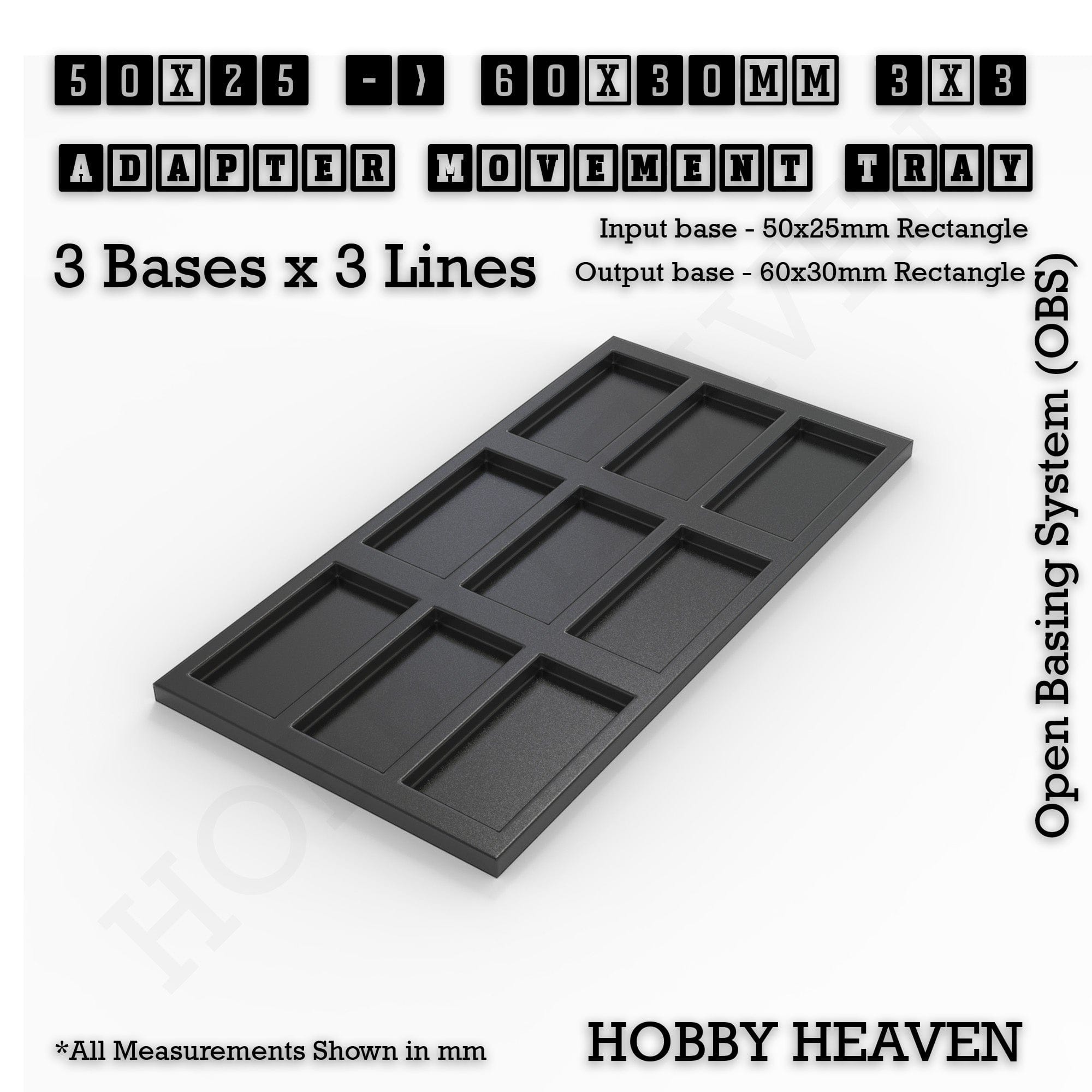 Movement Tray 50x25 to 60x30mm Adapter 3x3 (3 bases x 3 Lines) Square and Rectangle Movement Trays Adapters for Tabletop Games