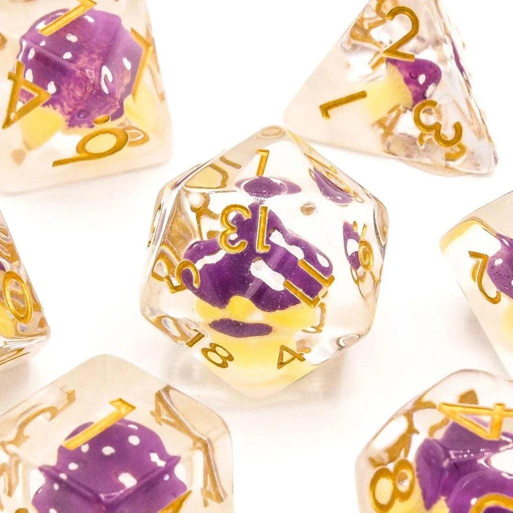 Tabletop Dominion DICE Purple Mushies | Resin Inclusion Dice | 7 Piece Set