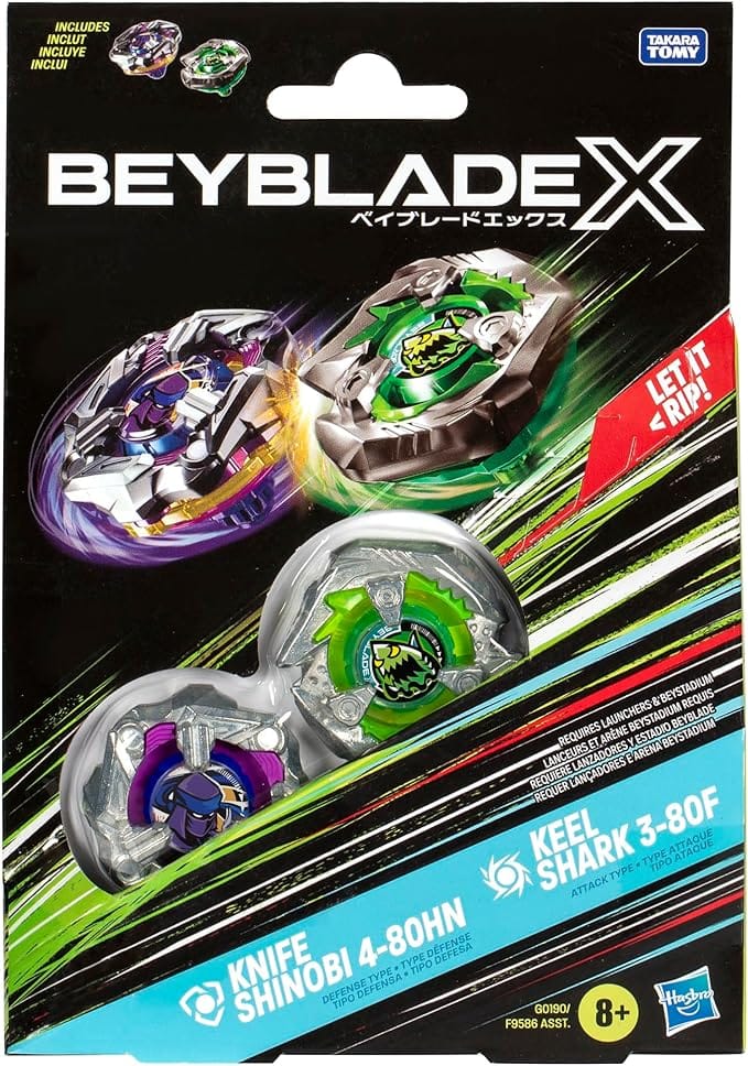 Snaps Beyblade X Knife Shinobi 4-80HN and Keel Shark 3-80F Top Dual Pack Set