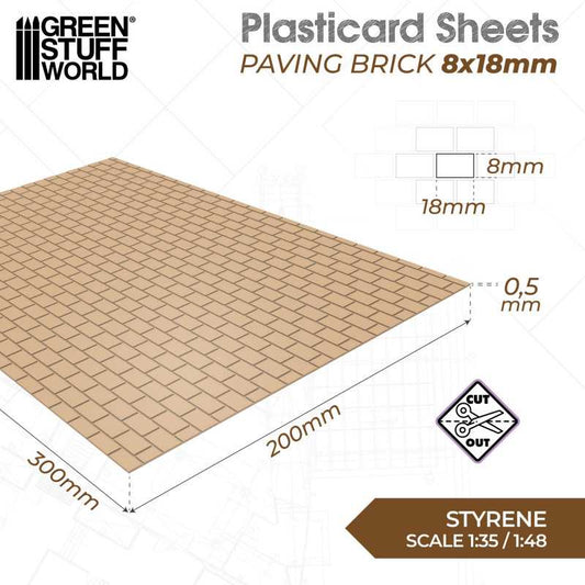 The Home Crafters Ltd. Plasticard & Foamboard Green Stuff World: Textured Styrene Plasticard Sheet - Paving Brick (8x18mm)