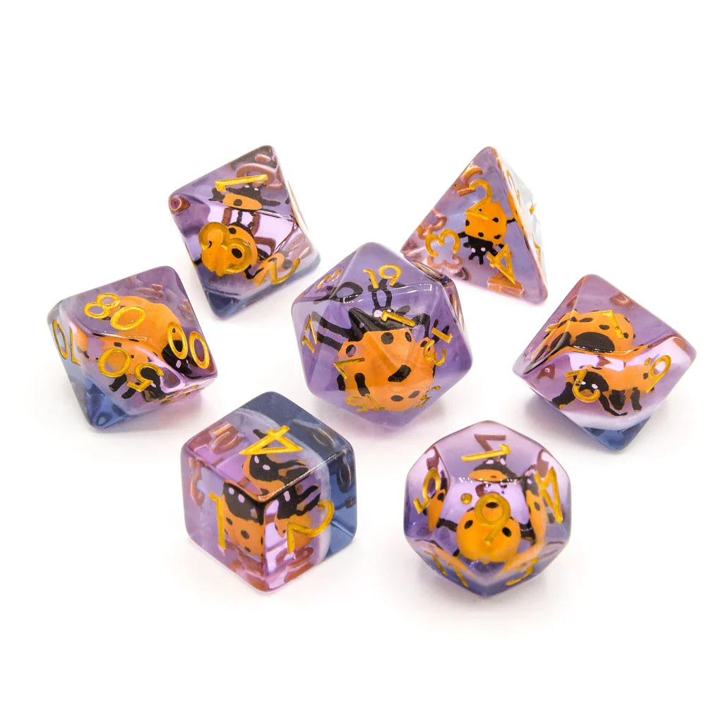 Yellow Ladybugs | Resin Inclusion Dice | 7 Piece Set - DICE