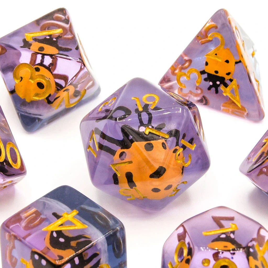 Yellow Ladybugs | Resin Inclusion Dice | 7 Piece Set - DICE